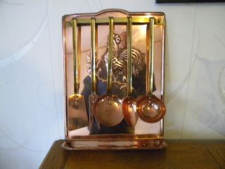 Vintage French 5 Copper Cooking Untensils Brass Handles Brass Hanging Rail photo