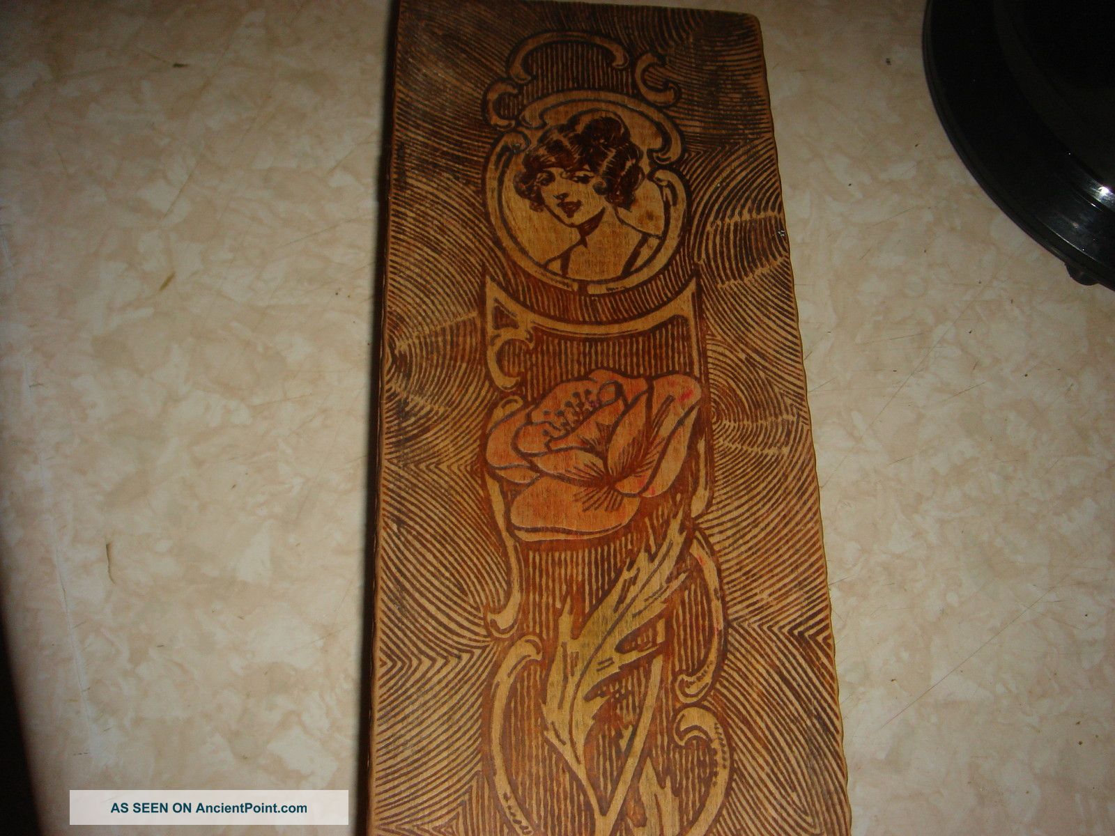 Antique Victorian Pyrography Engraved Wood Glove Box Lady & Flowers Boxes photo