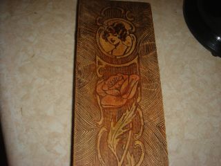 Antique Victorian Pyrography Engraved Wood Glove Box Lady & Flowers photo