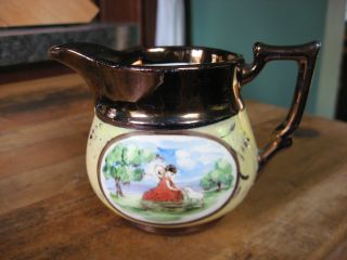 Lovely Antique Copper Luster Pitcher W/ 2 Oval Paintings Of Young Girl And Lamb photo
