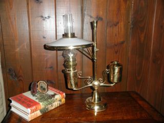 Antique Brass Student Oil Lamp With Shade photo