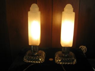 Pair Of Rare Vintage Deco Skyscraper Bullet Glass Boudoir Chrome & Glass Lamps photo