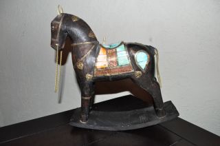 Wooden Rocking Horse - Rustic Stained Wood & Crafted Metal With Shell Inlay photo