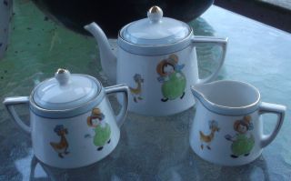 Vintage Nippon Darling Child Size Porcelain Tea Set Teapot Sugar Bowl & Creamer photo