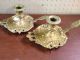 1800s Victorian Gothic Revival Brass Candle Chamber Sticks Pair Metalware photo 3