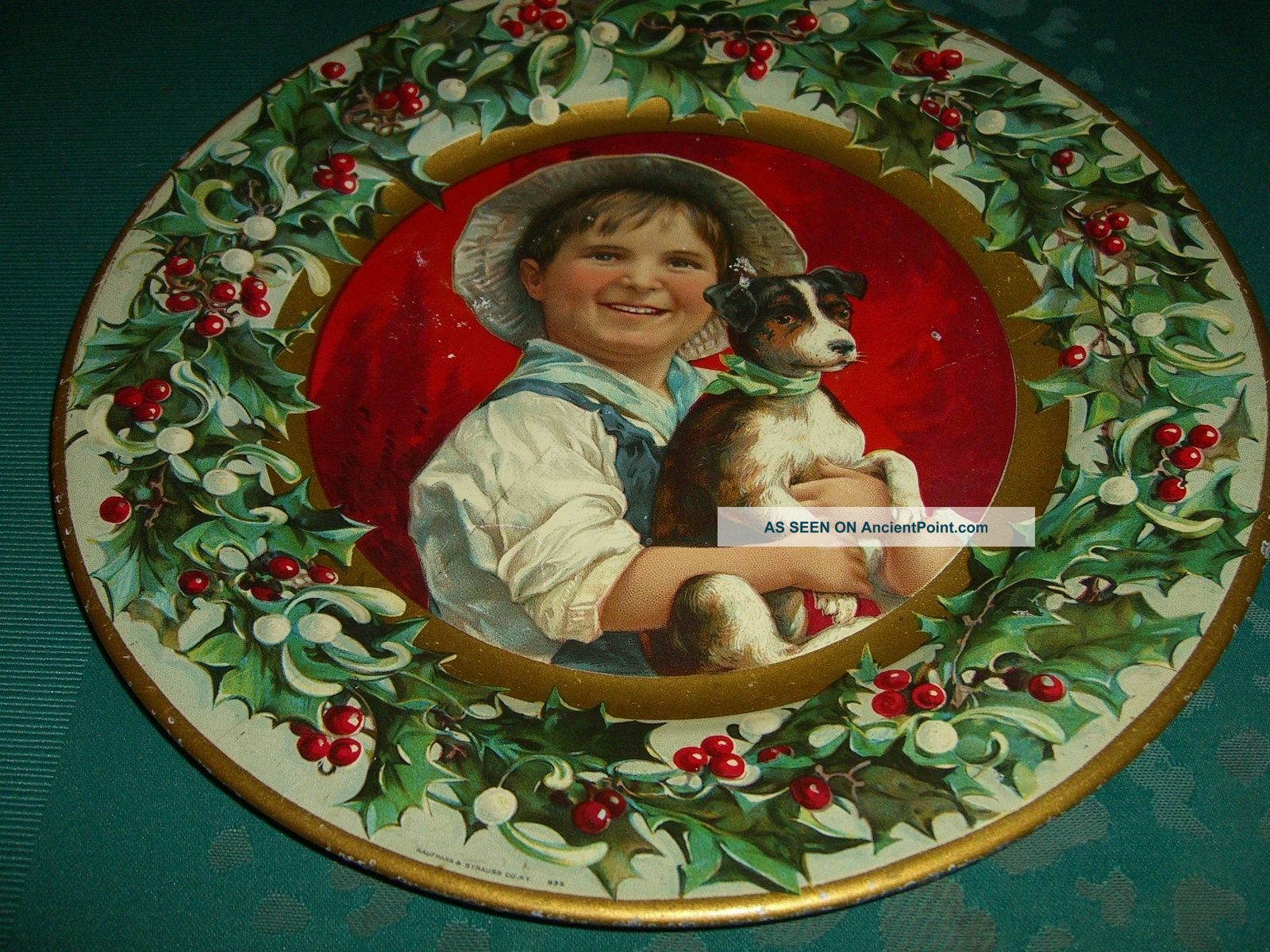 Little Boy W/ Dog Christmas Theme C D Kenny Advertising Tin / Metal Plate Metalware photo