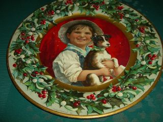 Little Boy W/ Dog Christmas Theme C D Kenny Advertising Tin / Metal Plate photo