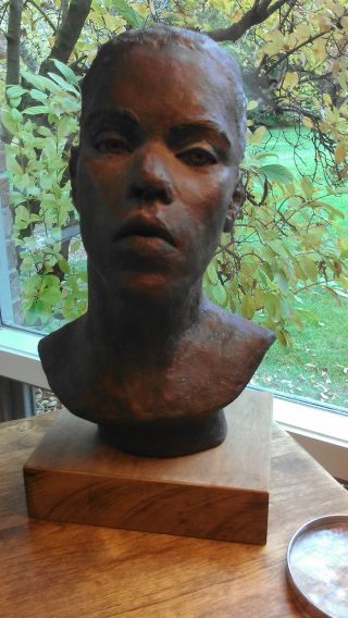 Antique Hand Sculpted Poured Plaster Head With Wood Base photo