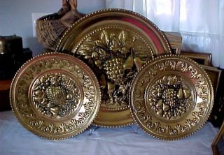 Vintage 3p English Brass Colonial Early American Charger Wall Tray Plaque Plates photo