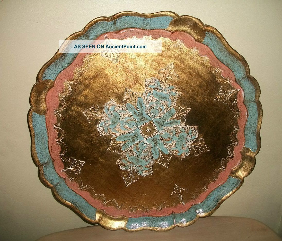 Vintage Italian Florentine Serving Tray Blue Pink White Toleware Gold Gilt Italy Toleware photo