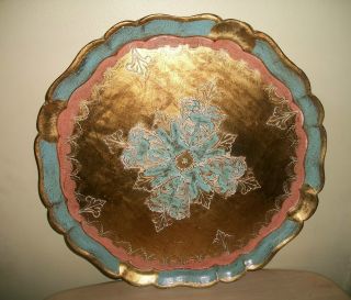 Vintage Italian Florentine Serving Tray Blue Pink White Toleware Gold Gilt Italy photo
