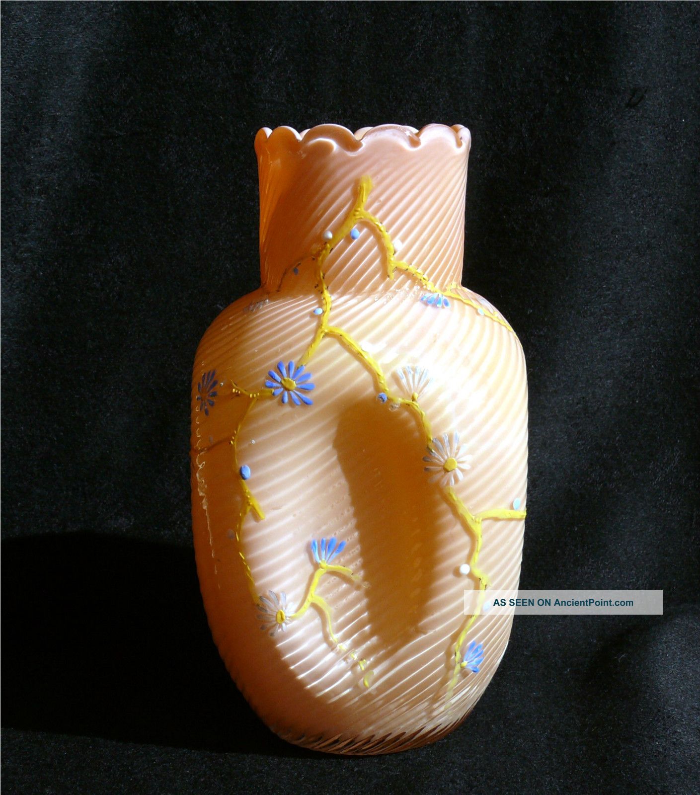 Antique Salmon Cased Glass Pinch - Sided Swirl Vase W/ Enamel Decoration Vases photo