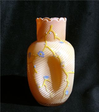 Antique Salmon Cased Glass Pinch - Sided Swirl Vase W/ Enamel Decoration photo