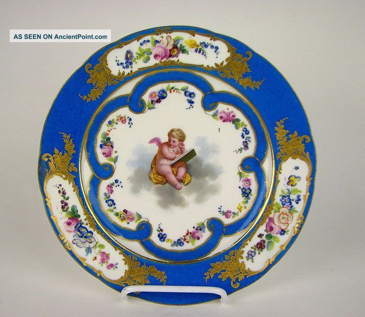 Antique French Porcelain Sevres Celeste Blue Cherub Plate 18th Century Plates & Chargers photo