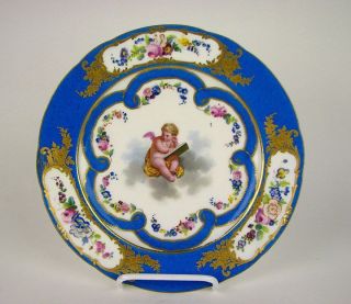 Antique French Porcelain Sevres Celeste Blue Cherub Plate 18th Century photo