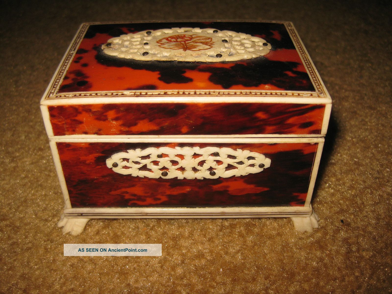 Antique 19th Century Detailed Faux Turquoise & Faux Ivory Fretwork Jewel Box Boxes photo