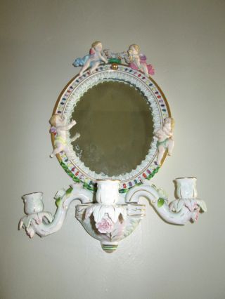 Vintage Porcelain Cherub Angel Mirror - Candleholder - Floral & Garland - Japan photo