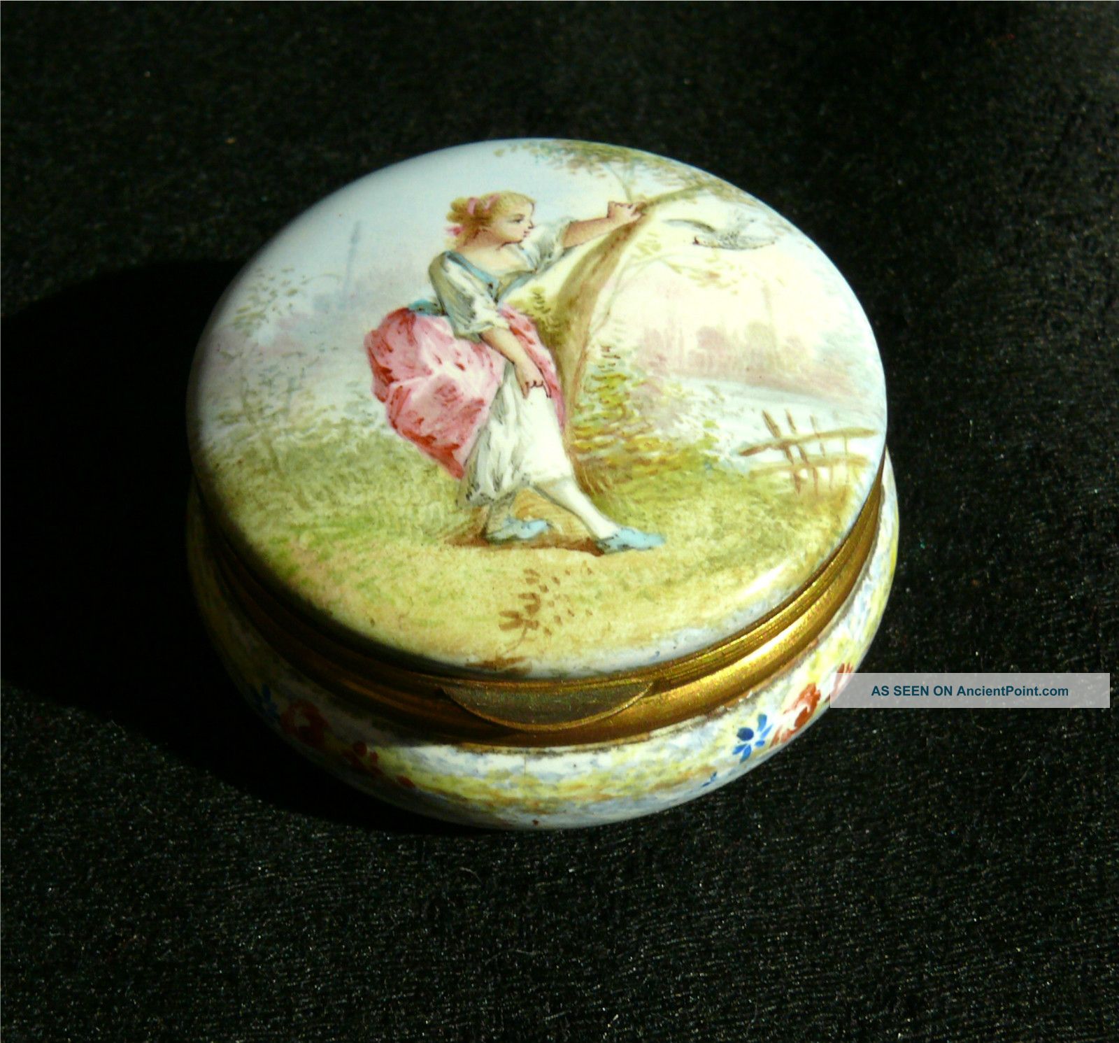 French Hand Painted Enamel Patch Box W/ Portrait Scene Boxes photo