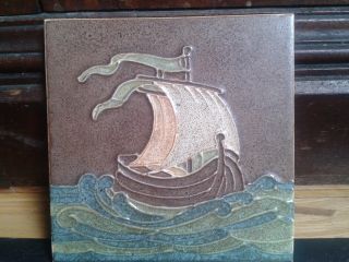 Antique Maw And Co Ltd Embossed Tile Signed Sailing Ship Made In England photo