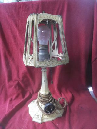 Antique Cast Spelter Bedside Or Table Lamp Or Light.  W/cast Shade photo