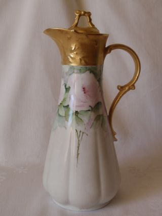 Vintage Porcelain Chocolate Tea Pot Hand Painted Pink Roses & Gold Filigree Bow photo