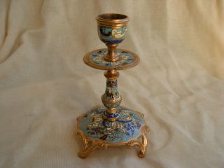 Antique French Gilded Bronze Enamel Candlestick,  Late 19th Century photo