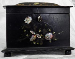 Antique Victorian Paper Mache & Lacquer Tea Caddy With Mother Of Pearl Inlay photo