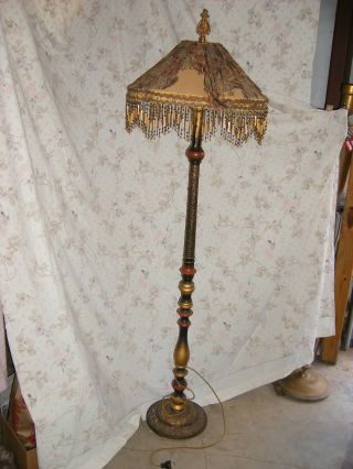 Vintage?antique?retro?metal,  Iron,  Wood,  Fancy Beaded Shade,  Multi - Color,  Floor Lamp photo