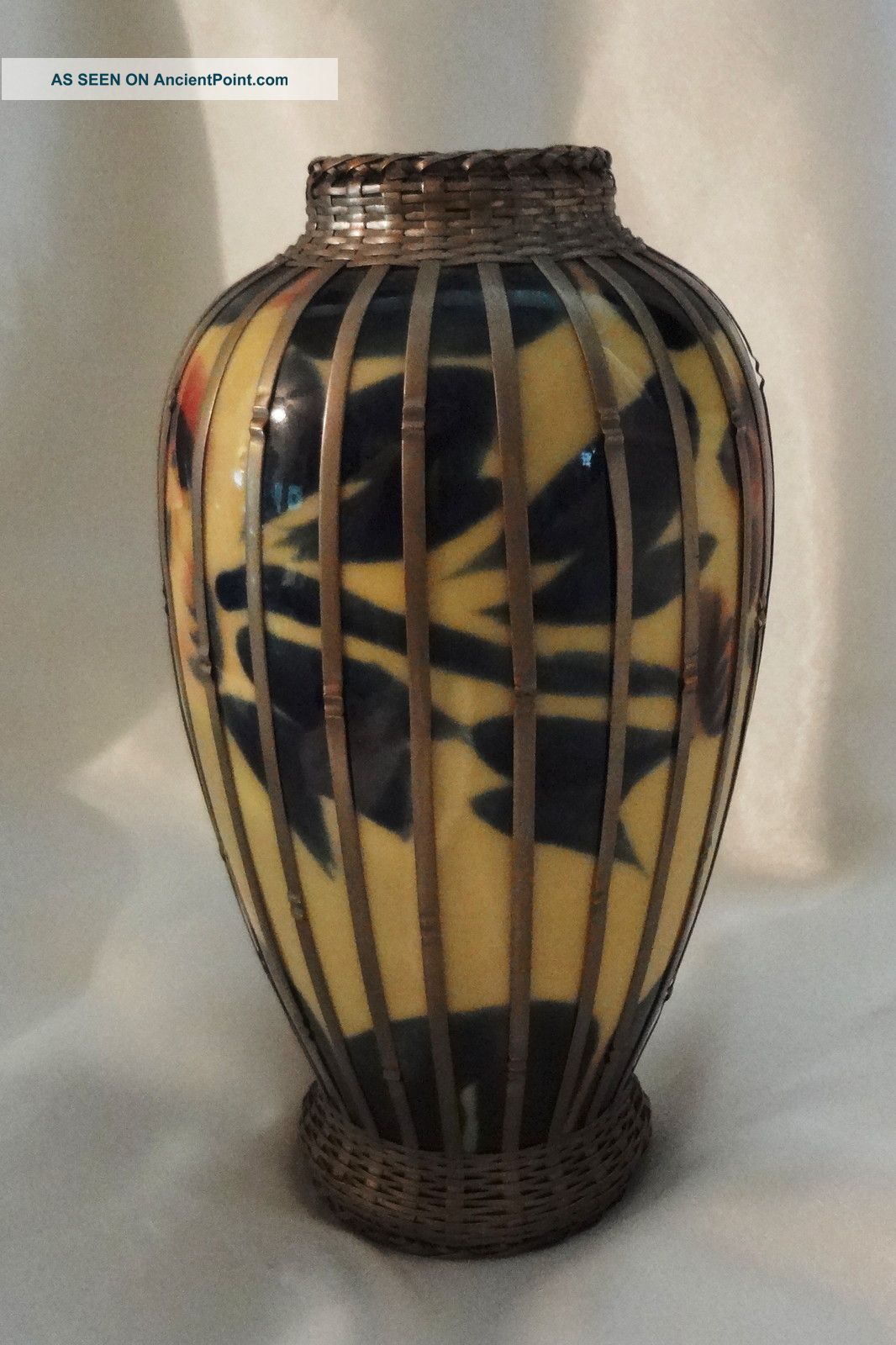 Elegant Porcelain Vase With Woven Brass Overlay - Early Teens - Asian? Vases photo