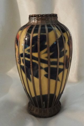 Elegant Porcelain Vase With Woven Brass Overlay - Early Teens - Asian? photo