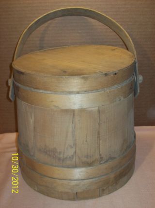 Antique 1800 ' S Firkin All Orig.  Wooden Bucket W/handle & Lid Primitive Basket Vg photo