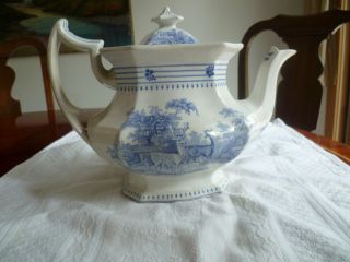 Large,  Lovely Staffordshire Transferware Blue White Teapot photo