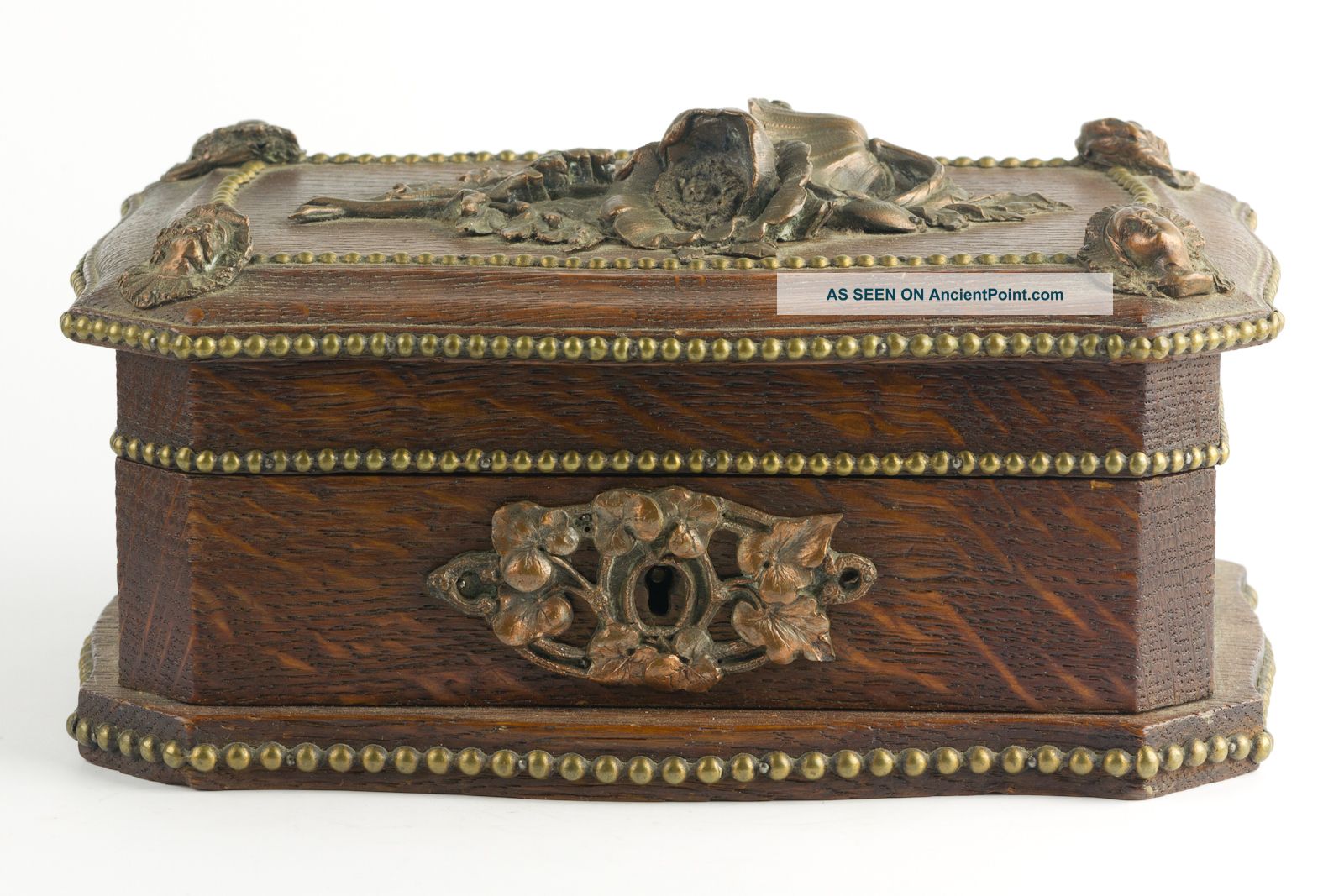 Victorian Wood Box Copper & Brass Figural Accents Rare & Boxes photo