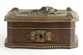 Victorian Wood Box Copper & Brass Figural Accents Rare & photo