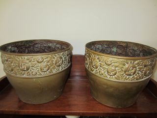 Pair Of Antique Brass Planters Decorative Floral Band Patina Garden Early 1900s photo