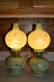 Vintage Antique Hurricane Lamp Pair Green Shabby Glass Globe Chic Lamps photo 3