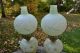 Vintage Antique Hurricane Lamp Pair Green Shabby Glass Globe Chic Lamps photo 8