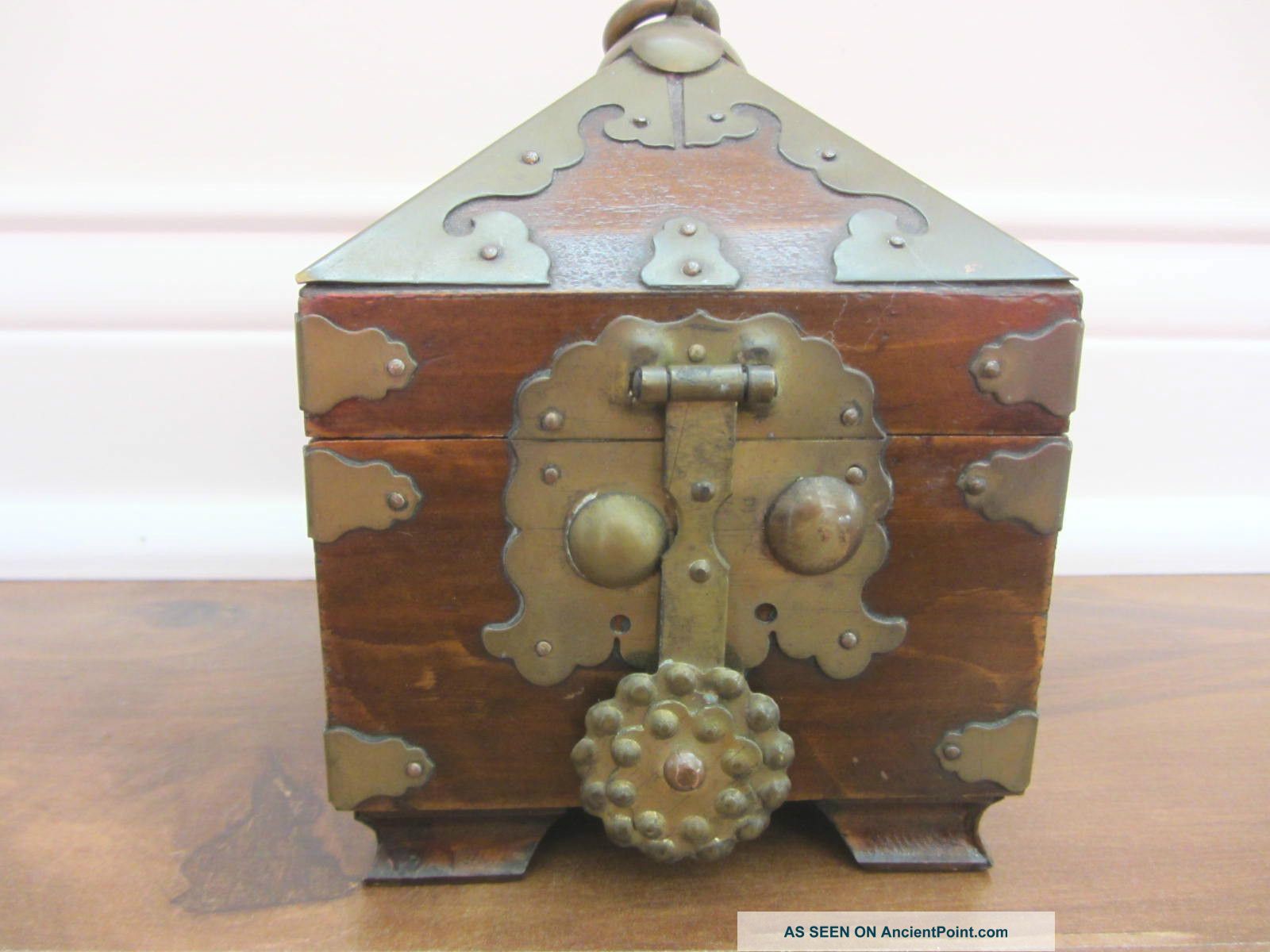 Antique Vtg Footed Asian Wood Tea Trinket Box With Brass Boxes photo