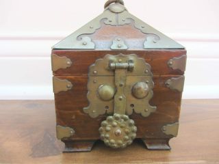 Antique Vtg Footed Asian Wood Tea Trinket Box With Brass photo