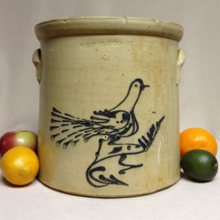 Antique Stoneware: 3gal.  Whites Utica (ny) Jug W/ Primitive Cobalt Bird,  Ca.  1870 photo