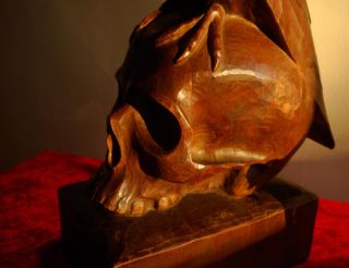 Antique Satanic Wood Carving Sculpture Occult Statue Devil Crow Skull Bronze photo