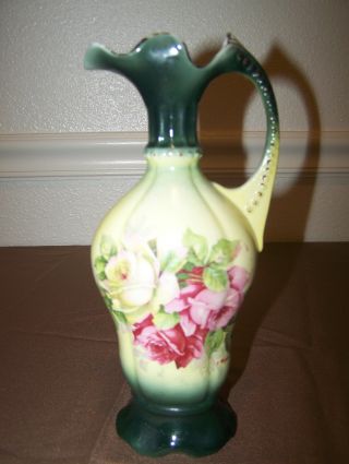 Antique Porcelain Painted Rose Vase Pitcher Signed G Wiegand 2464 photo