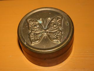 Brass Or Copper Trinket Box Snuff Tobacco Stamps Butterfly Grt Patina Vtg photo
