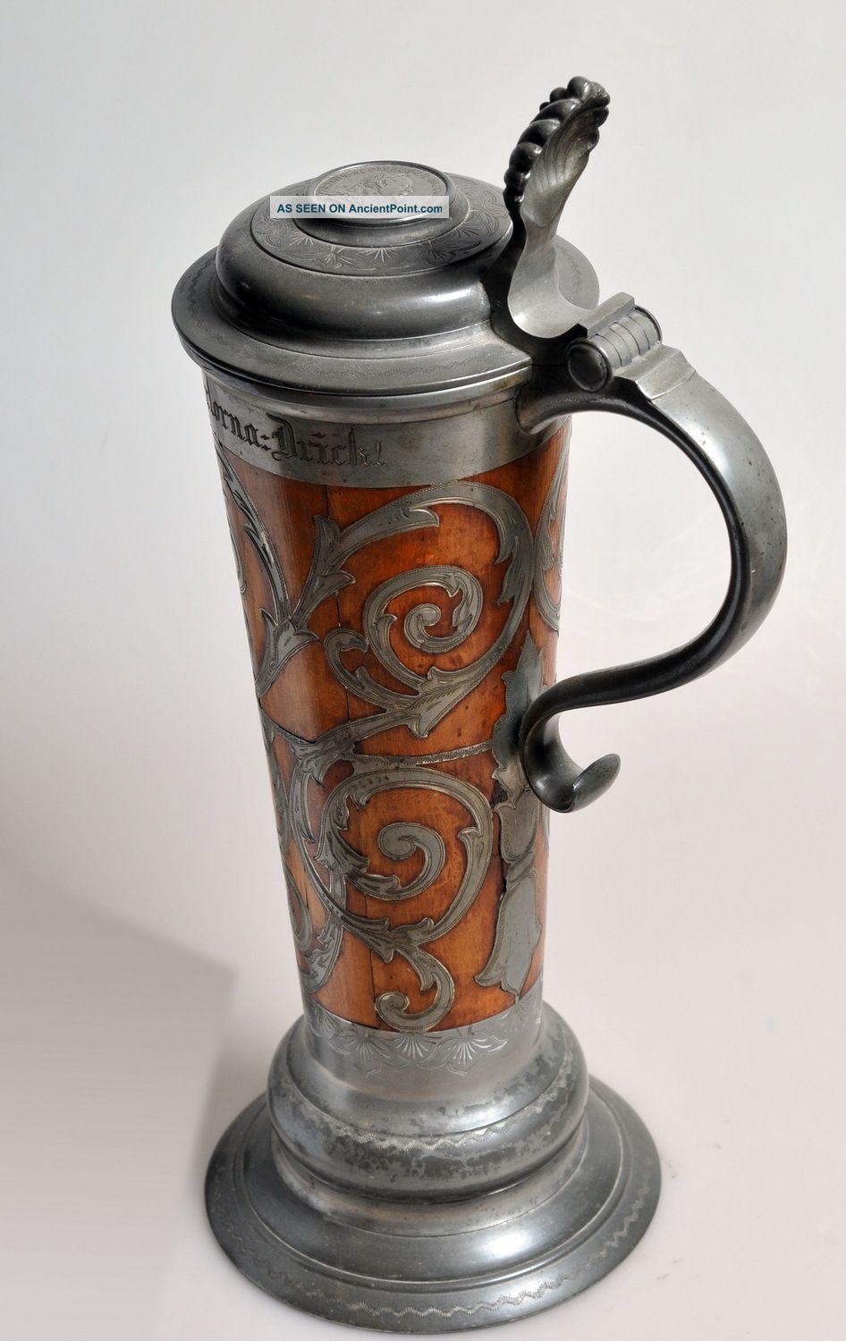 Antique Swedish Daubenkrug 16¾” Tall Engraved Pewter Oak Wood Tankard 1900 Dated Metalware photo