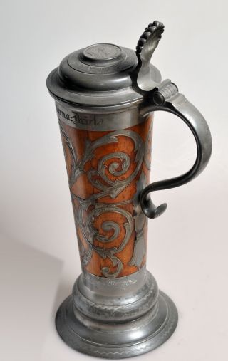 Antique Swedish Daubenkrug 16¾” Tall Engraved Pewter Oak Wood Tankard 1900 Dated photo