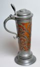 Antique Swedish Daubenkrug 16¾” Tall Engraved Pewter Oak Wood Tankard 1900 Dated Metalware photo 1