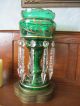 Pair Antique Bohemian Glass Mantle Lustre Lamps Vict.  Emerald Green Lamps photo 1