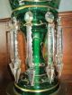 Pair Antique Bohemian Glass Mantle Lustre Lamps Vict.  Emerald Green Lamps photo 3