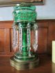 Pair Antique Bohemian Glass Mantle Lustre Lamps Vict.  Emerald Green Lamps photo 5
