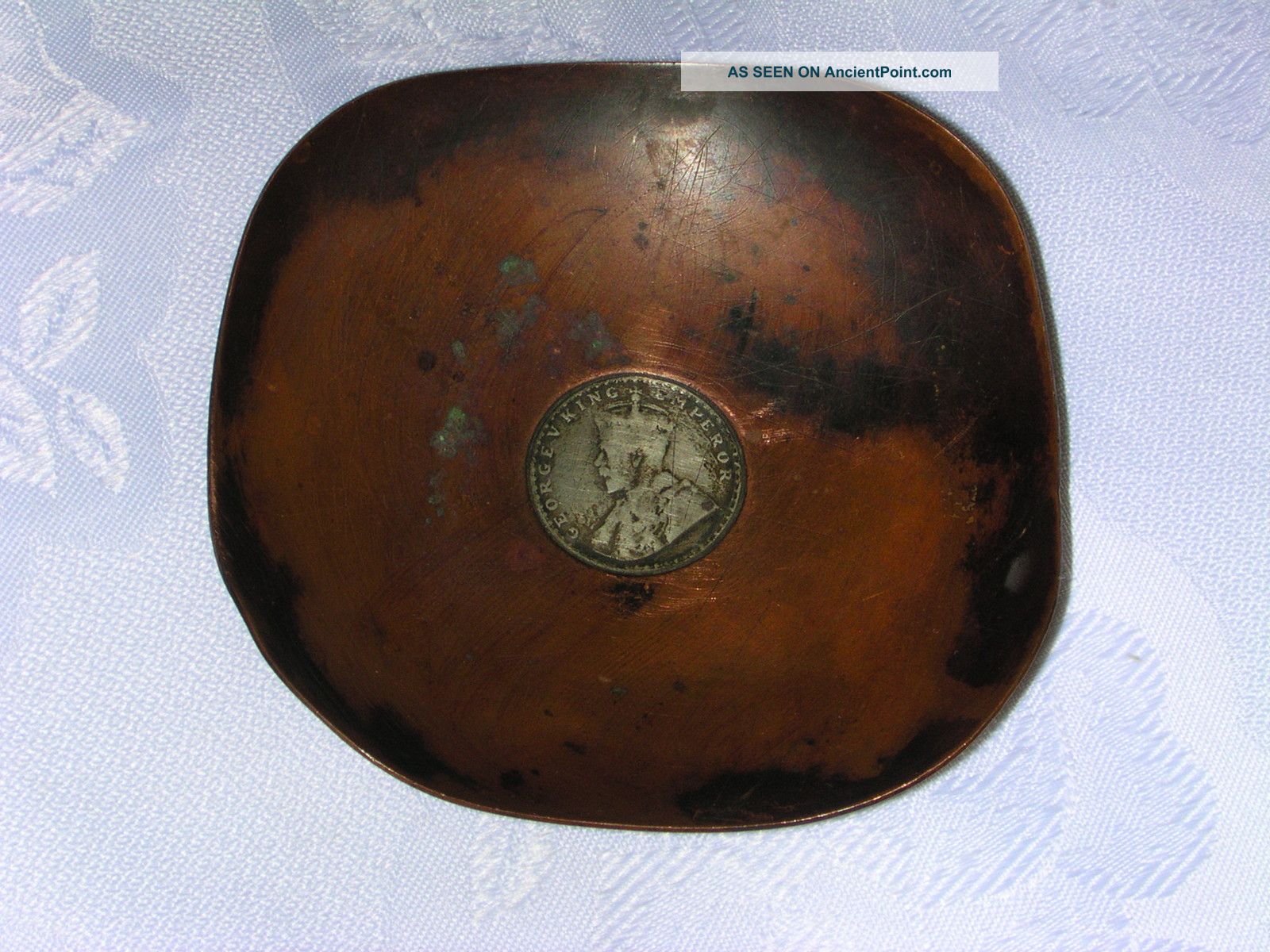 Antique Hamilton & Co Calcutta Copper Bowl With One Rupee Silver Coin C.  1912 Metalware photo